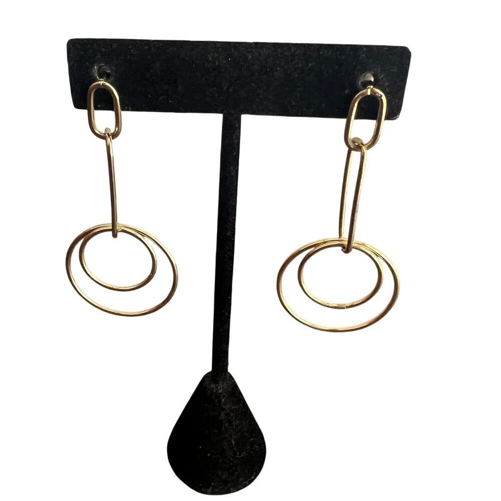 Geometric double drop gold tone interlocking paperclip dangle post earrings